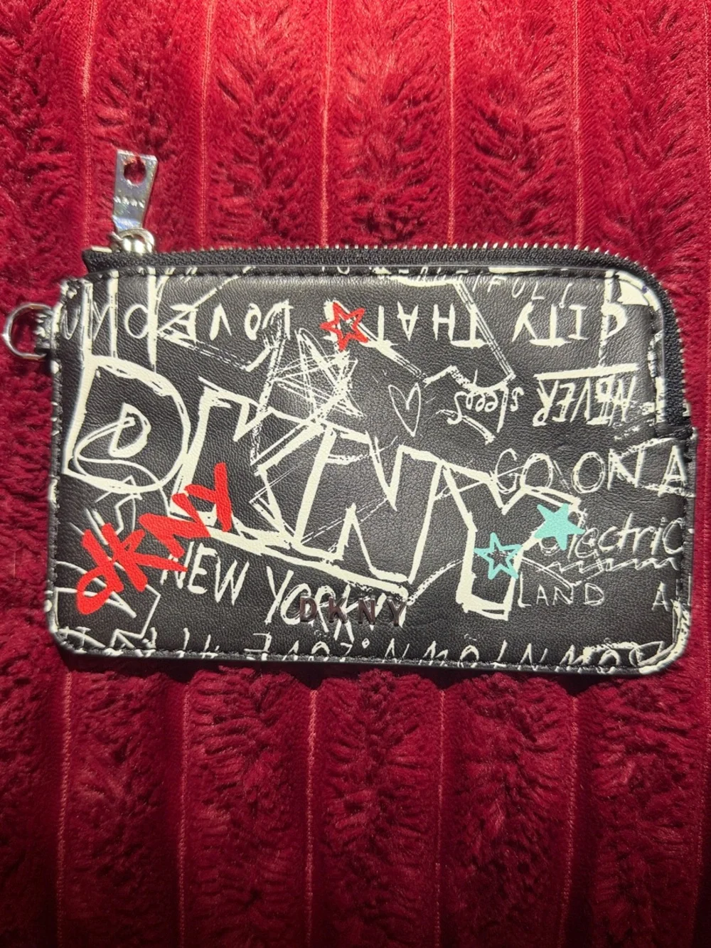 DKNY Black Graffiti Zip Card Holder with Multicolor Star Accents
